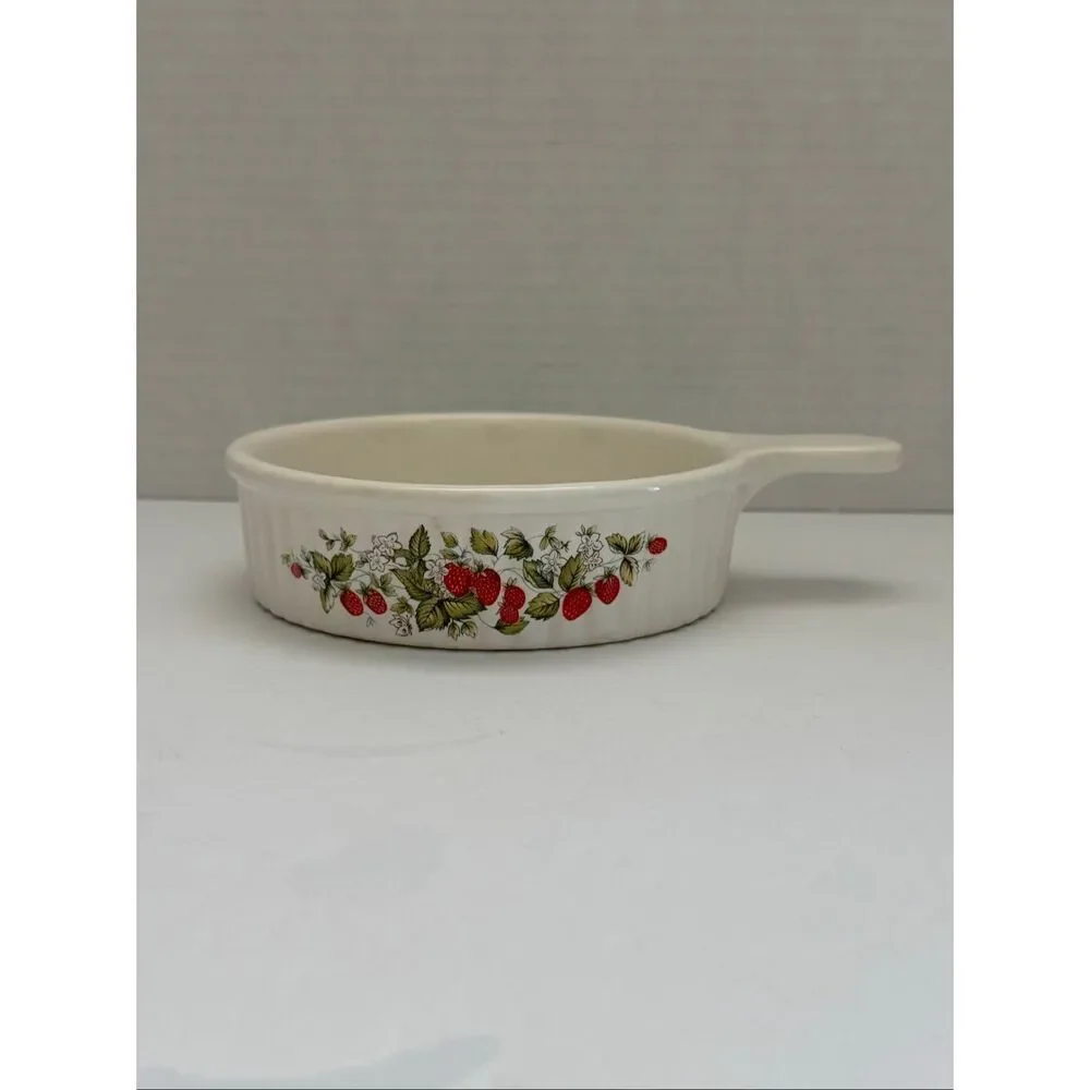 Vintage Strawberries & Floral White Round Stoneware Baking Dish with Handle